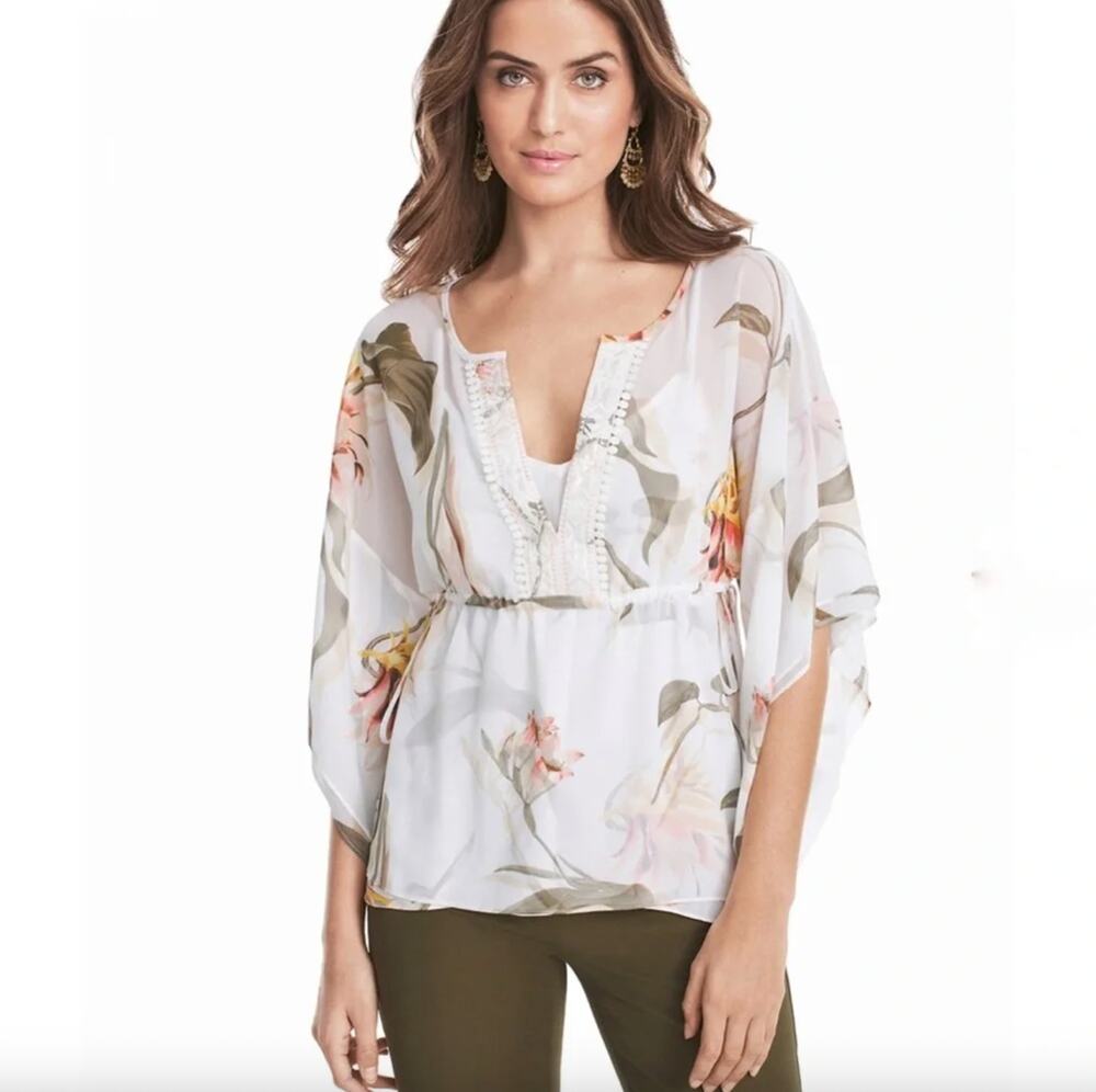 White House Black Market Floral Tie-Waist Kaftan Top Size XS Bloomcore Fairy